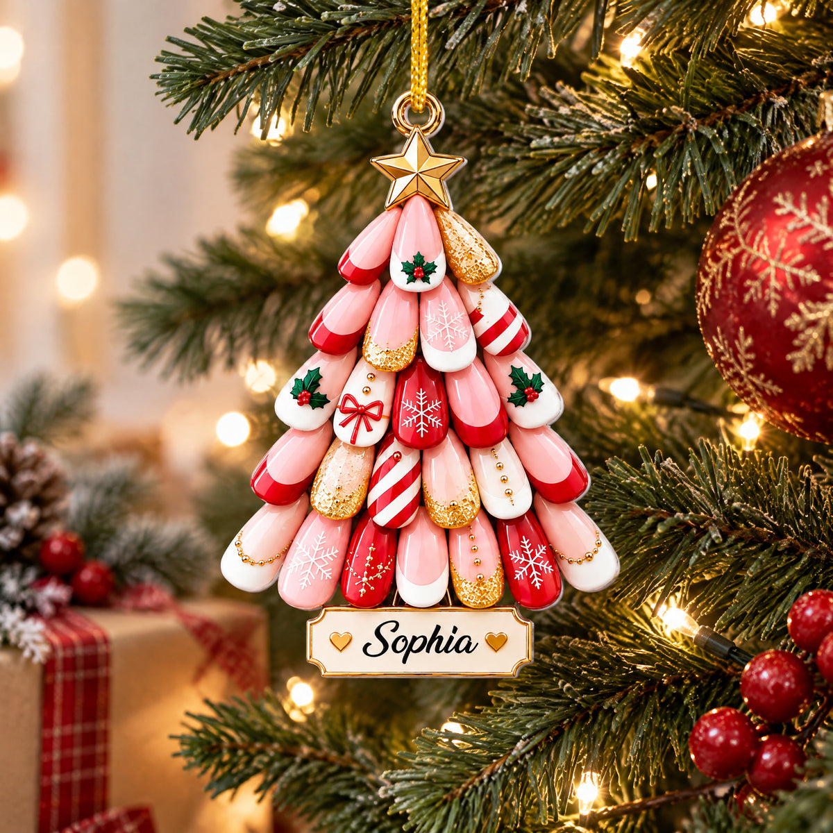 Personalized Christmas nail art tree acrylic ornament with name Sophia, pine branches, gift and red berries behind