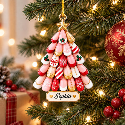 Personalized Christmas nail art tree acrylic ornament with name Sophia, pine branches, gift and red berries behind