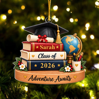 Stacked Graduation Books And Cap - Personalized Acrylic Ornament,  Custom Name Graduation Gift, Grad Keepsake