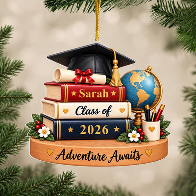 Stacked Graduation Books And Cap - Personalized Acrylic Ornament,  Custom Name Graduation Gift, Grad Keepsake