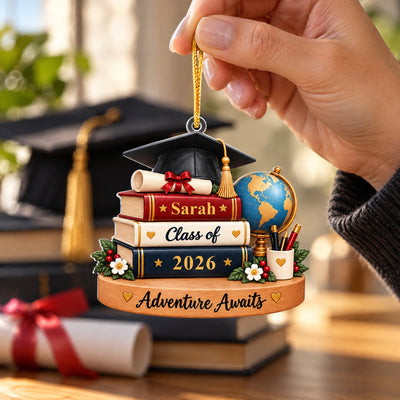 Stacked Graduation Books And Cap - Personalized Acrylic Ornament,  Custom Name Graduation Gift, Grad Keepsake