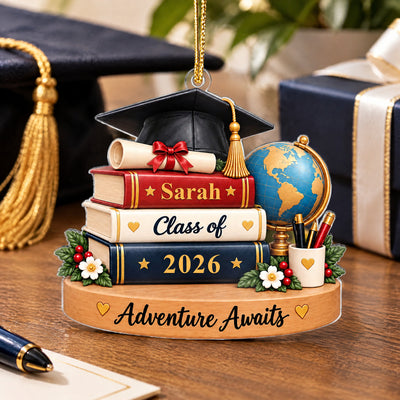 Stacked Graduation Books And Cap - Personalized Acrylic Ornament,  Custom Name Graduation Gift, Grad Keepsake