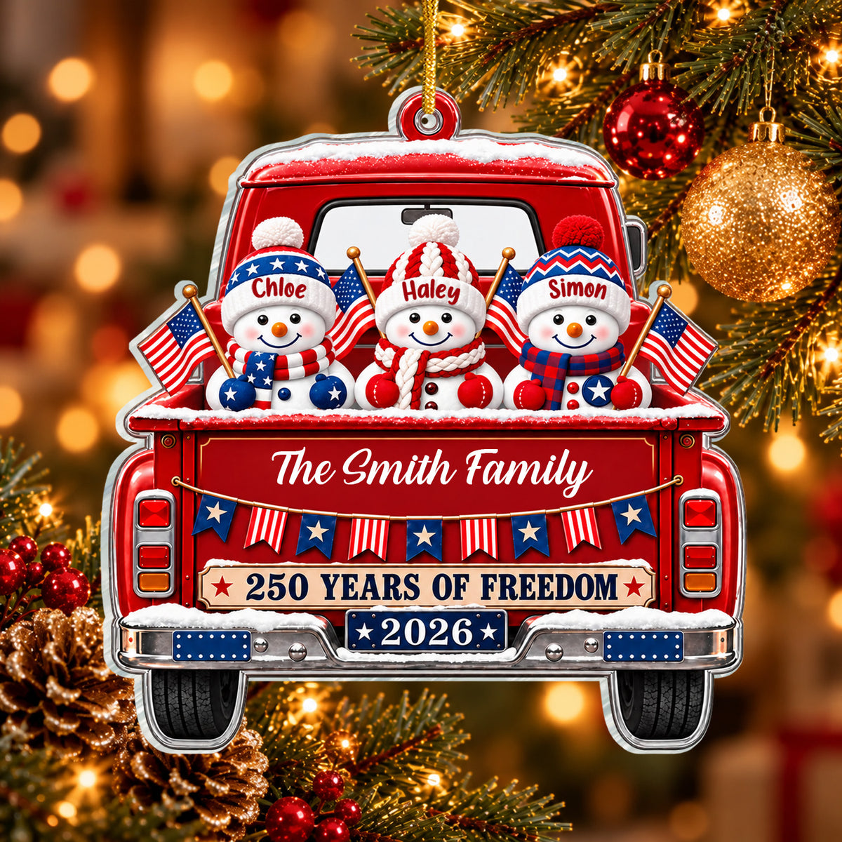 Patriotic Family Snowmen Vintage Truck - Personalized Acrylic Ornament , Christmas Ornament, Patriotic Family Gift