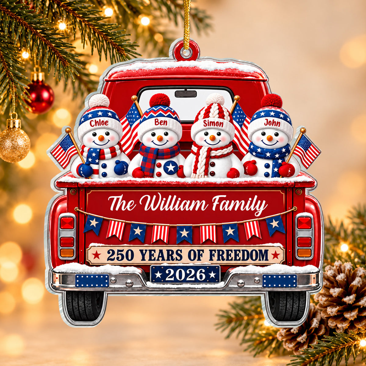 Patriotic Family Snowmen Vintage Truck - Personalized Acrylic Ornament , Christmas Ornament, Patriotic Family Gift