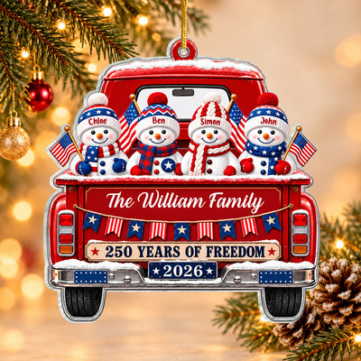 Patriotic Family Snowmen Vintage Truck - Personalized Acrylic Ornament , Christmas Ornament, Patriotic Family Gift