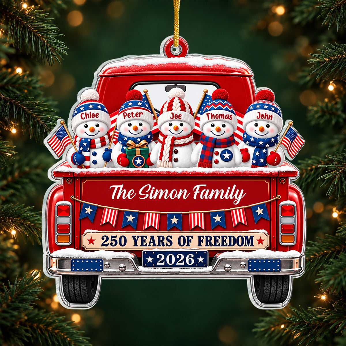 Patriotic Family Snowmen Vintage Truck - Personalized Acrylic Ornament , Christmas Ornament, Patriotic Family Gift