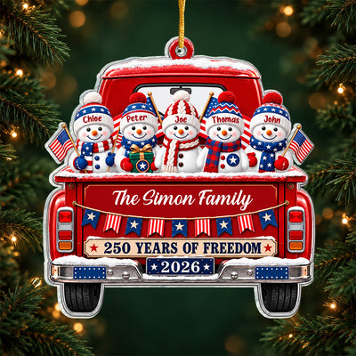 Patriotic Family Snowmen Vintage Truck - Personalized Acrylic Ornament , Christmas Ornament, Patriotic Family Gift