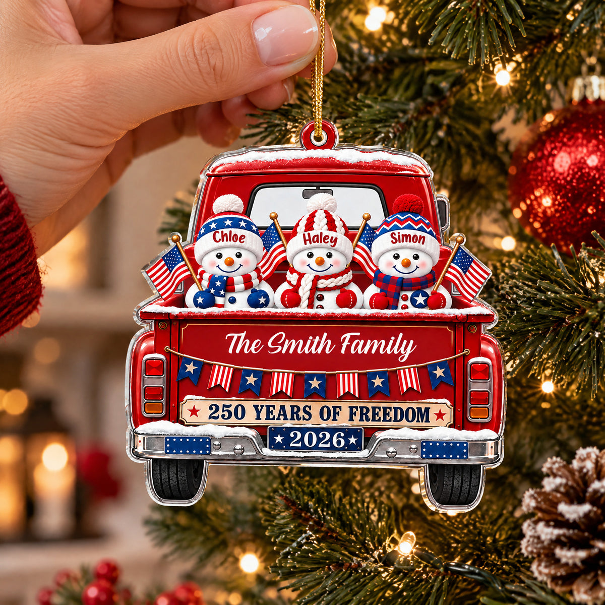 Patriotic Family Snowmen Vintage Truck - Personalized Acrylic Ornament , Christmas Ornament, Patriotic Family Gift