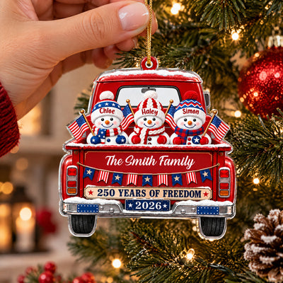 Patriotic Family Snowmen Vintage Truck - Personalized Acrylic Ornament , Christmas Ornament, Patriotic Family Gift