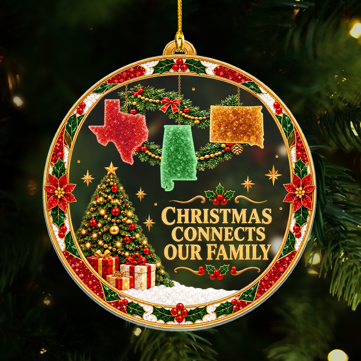 Personalized acrylic ornament custom state garland with three state shapes hanging on a tree, dark green background