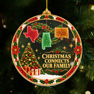 Personalized acrylic ornament custom state garland with three state shapes hanging on a tree, dark green background