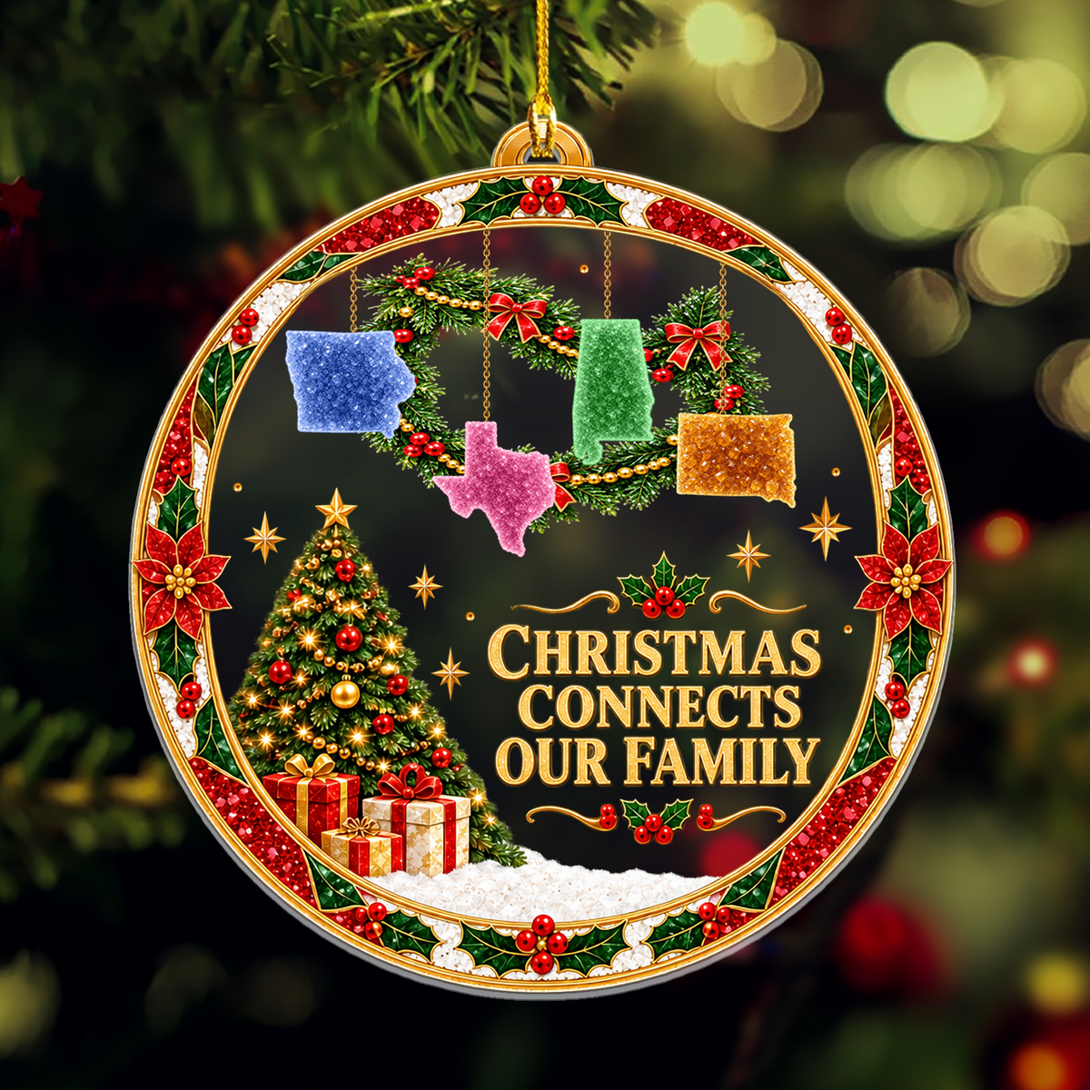 Personalized acrylic ornament custom state garland with four colorful state shapes, blurred lights behind
