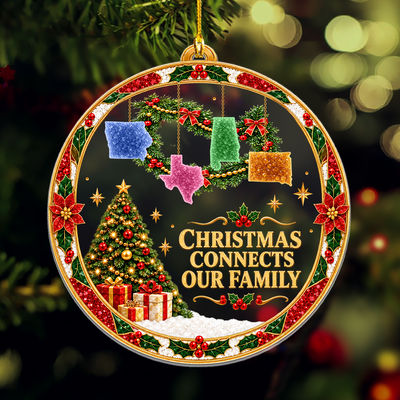 Personalized acrylic ornament custom state garland with four colorful state shapes, blurred lights behind
