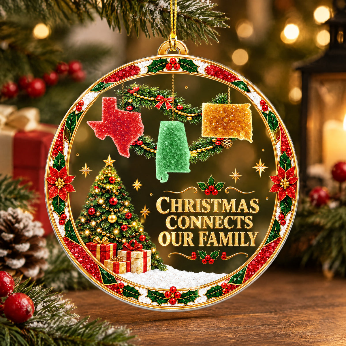 Personalized acrylic ornament custom state garland hanging near a candle lantern, gifts and pinecone on a wooden table
