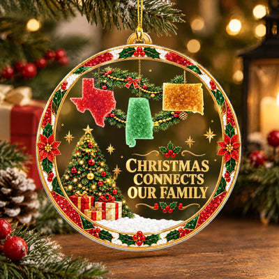Personalized acrylic ornament custom state garland hanging near a candle lantern, gifts and pinecone on a wooden table