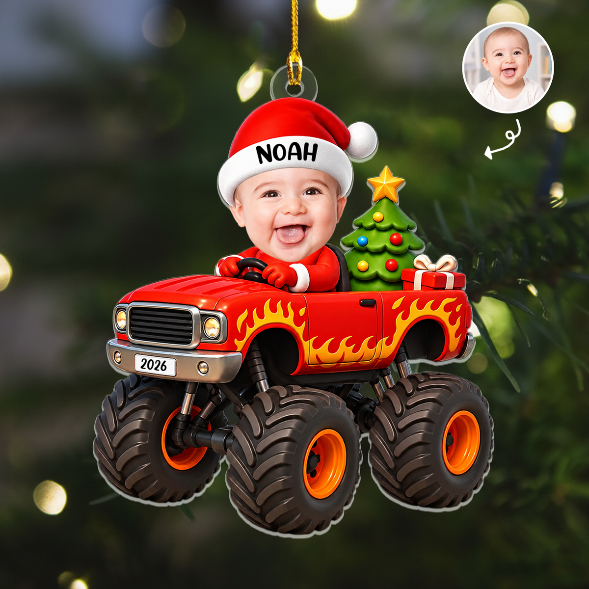 Personalized red monster truck acrylic ornament with smiling baby in Santa hat, name Noah, small photo inset beside it