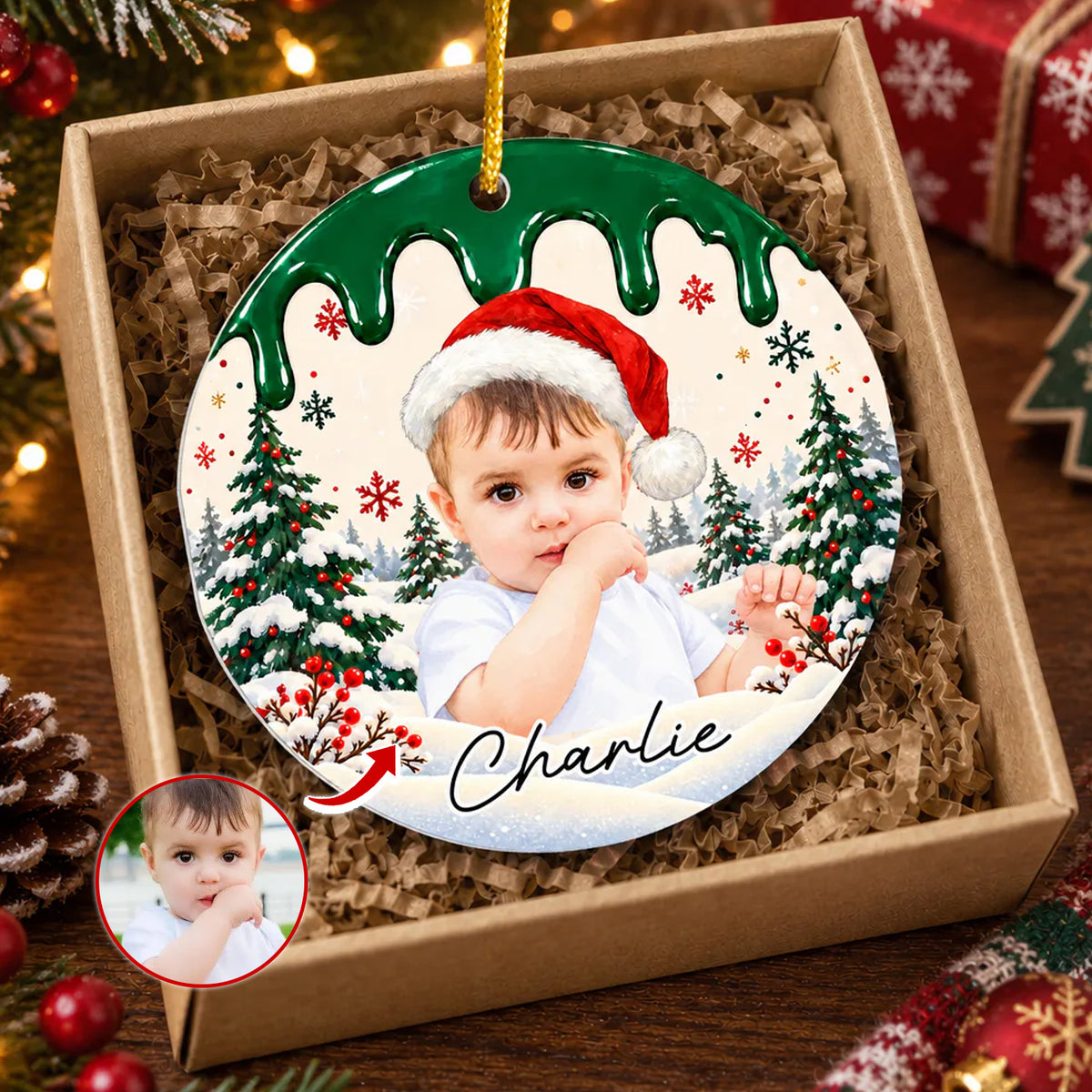 Personalized acrylic ornament custom photo with green drip top and baby, resting in a kraft gift box
