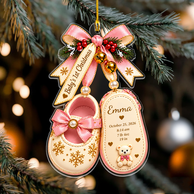 Personalized Baby Shoes Acrylic Ornament hanging on a pine branch with pink bow, bells and name Emma