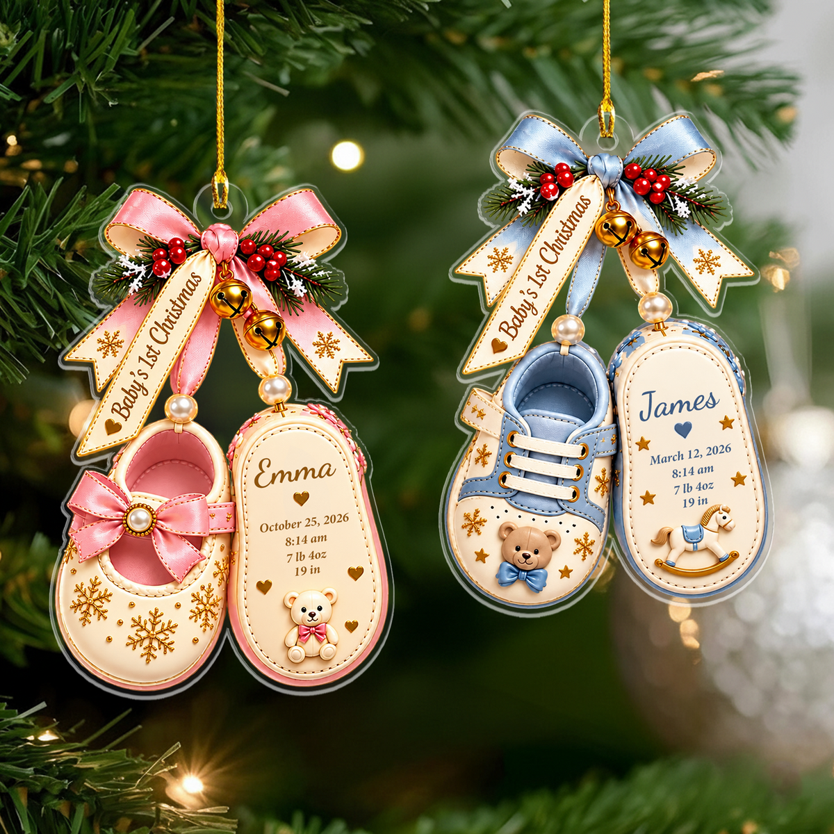 Personalized Baby Shoes Acrylic Ornament in pink and blue versions side by side on a lit Christmas tree