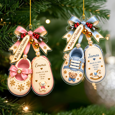 The Littlest Joy Of Christmas - Personalized Acrylic Ornament, Custom Name Baby Shoes Acrylic Ornament