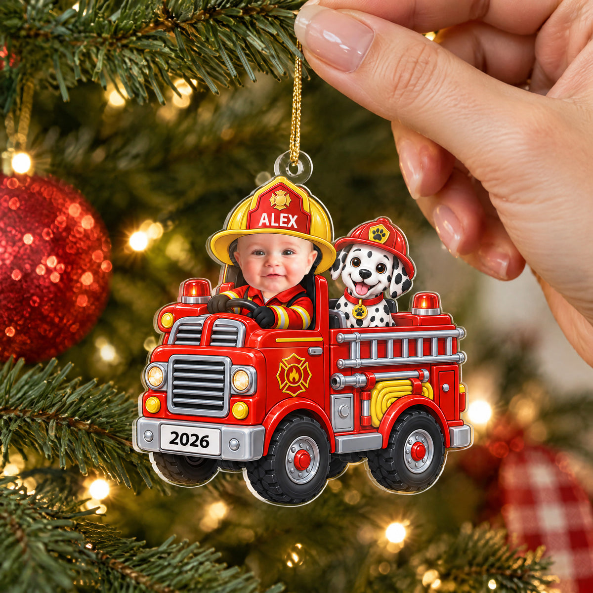 Personalized acrylic ornament baby fire engine held by a hand near a red bauble and tree lights, name ALEX