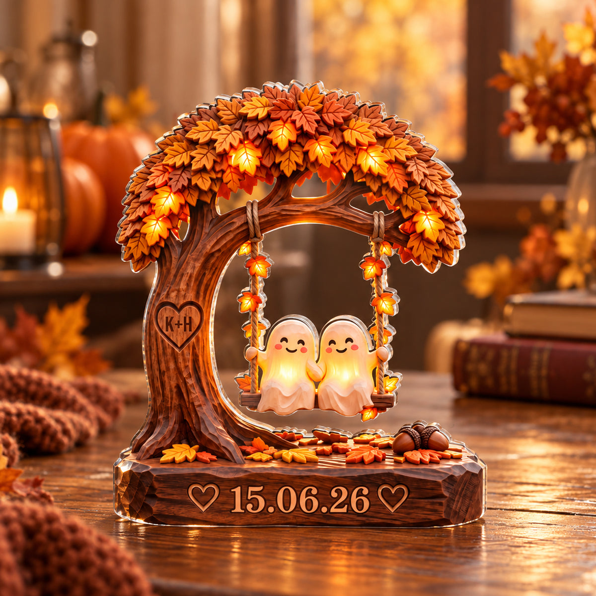 Fall Ghost Couple - Personalized Acrylic Plaque, Custom Autumn Spooky Desk Decor, Wedding Keepsake