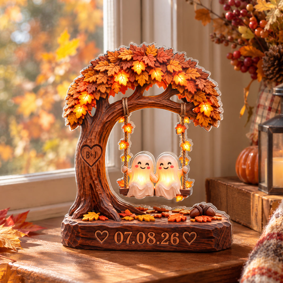 Fall Ghost Couple - Personalized Acrylic Plaque, Custom Autumn Spooky Desk Decor, Wedding Keepsake
