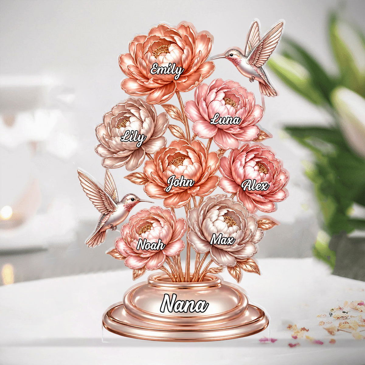 Grandma Rose Gold Peony Bouquet - Personalized Acrylic Plaque, Gift For Grandma, Gift For Family, Nana's Gift