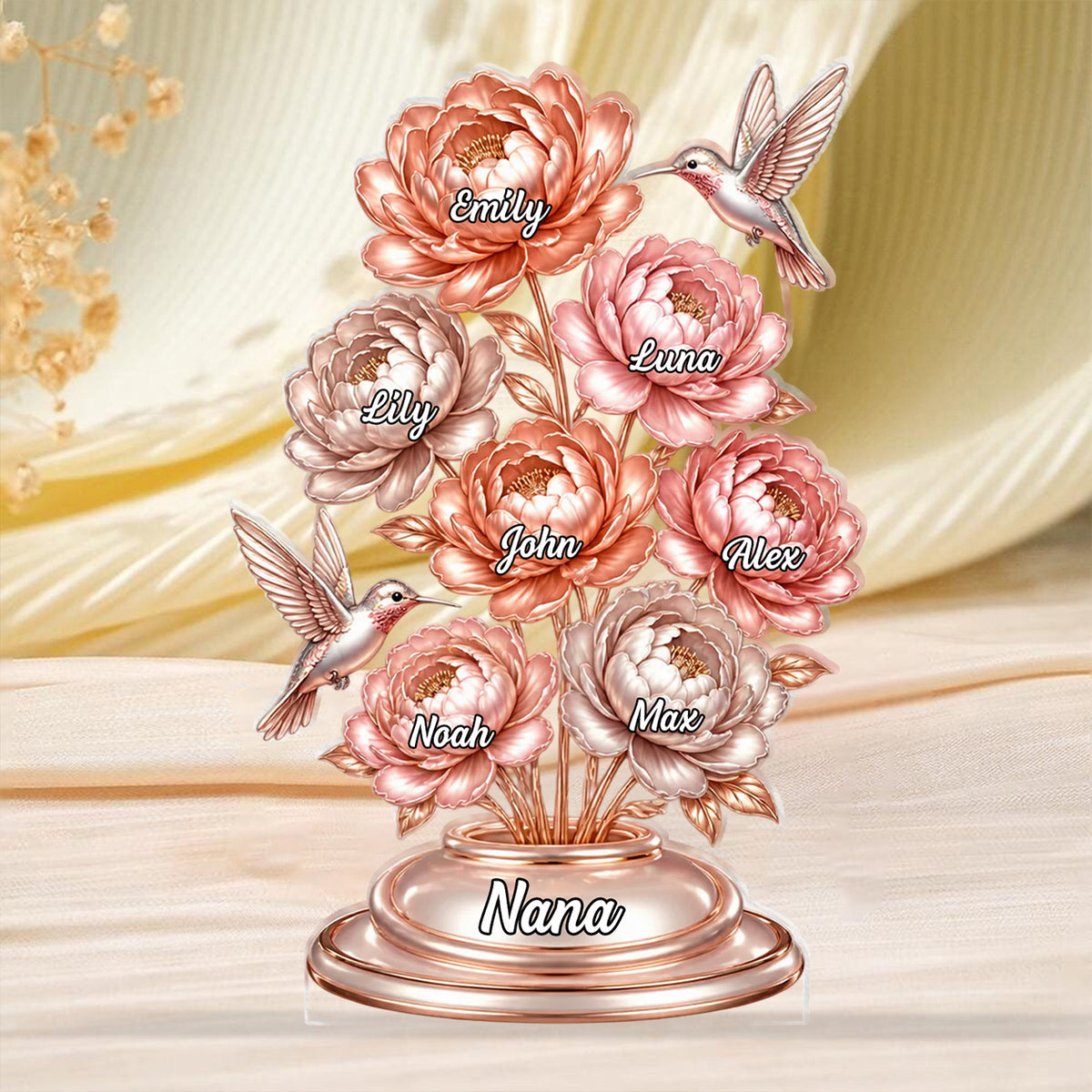 Grandma Rose Gold Peony Bouquet - Personalized Acrylic Plaque, Gift For Grandma, Gift For Family, Nana's Gift