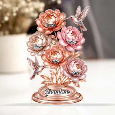 Grandma Rose Gold Peony Bouquet - Personalized Acrylic Plaque, Gift For Grandma, Gift For Family, Nana's Gift