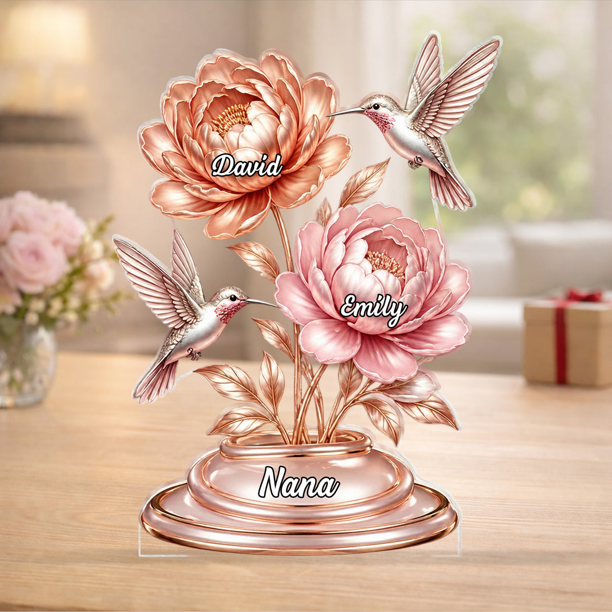 Grandma Rose Gold Peony Bouquet - Personalized Acrylic Plaque, Gift For Grandma, Gift For Family, Nana's Gift