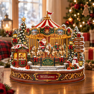 Christmas Carousel Village - Personalized Acrylic Plaque,  Santa Merry Go Round, North Pole Holiday Carnival, Lighted Winter Tabletop Display, Festive Xmas Gift