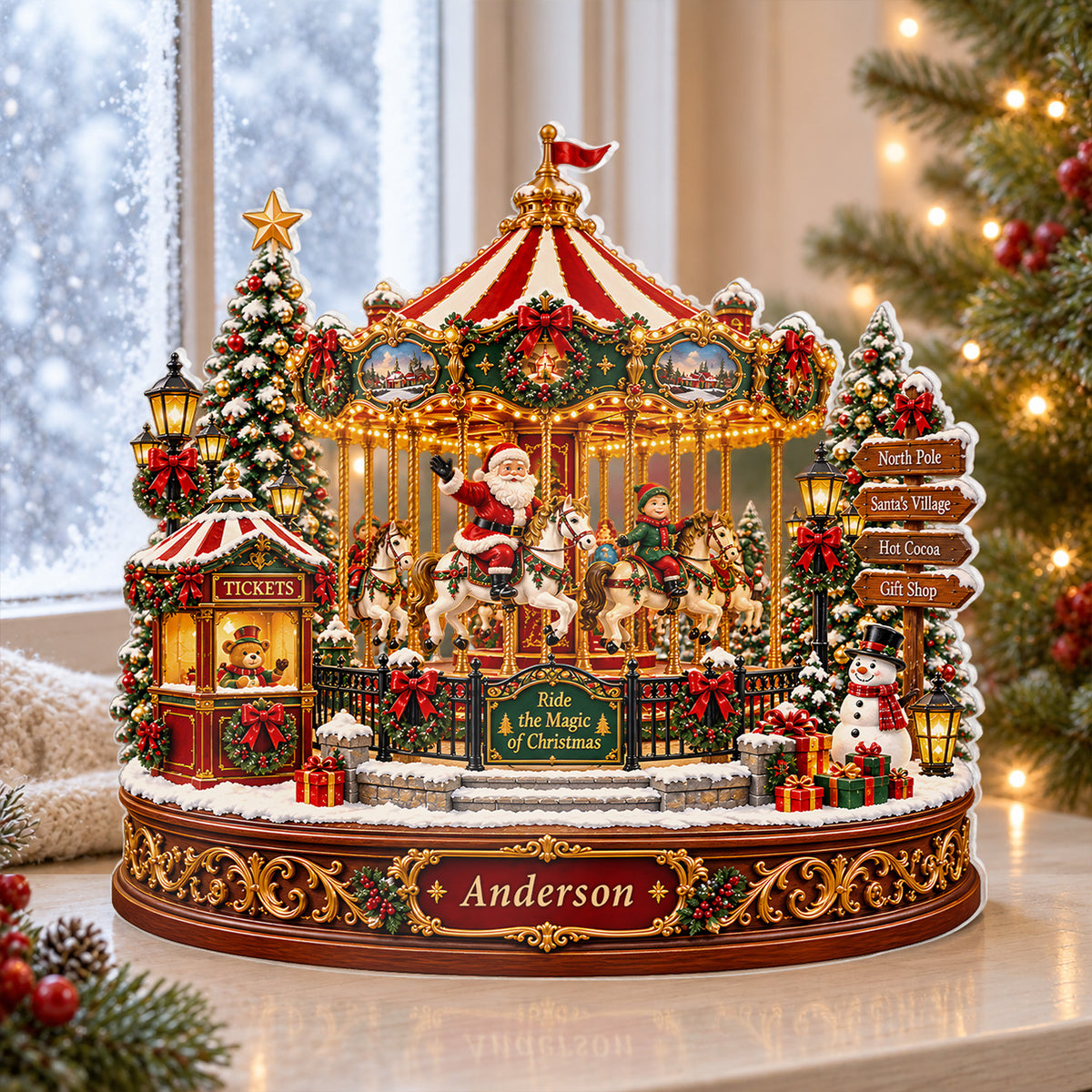 Christmas Carousel Village - Personalized Acrylic Plaque,  Santa Merry Go Round, North Pole Holiday Carnival, Lighted Winter Tabletop Display, Festive Xmas Gift