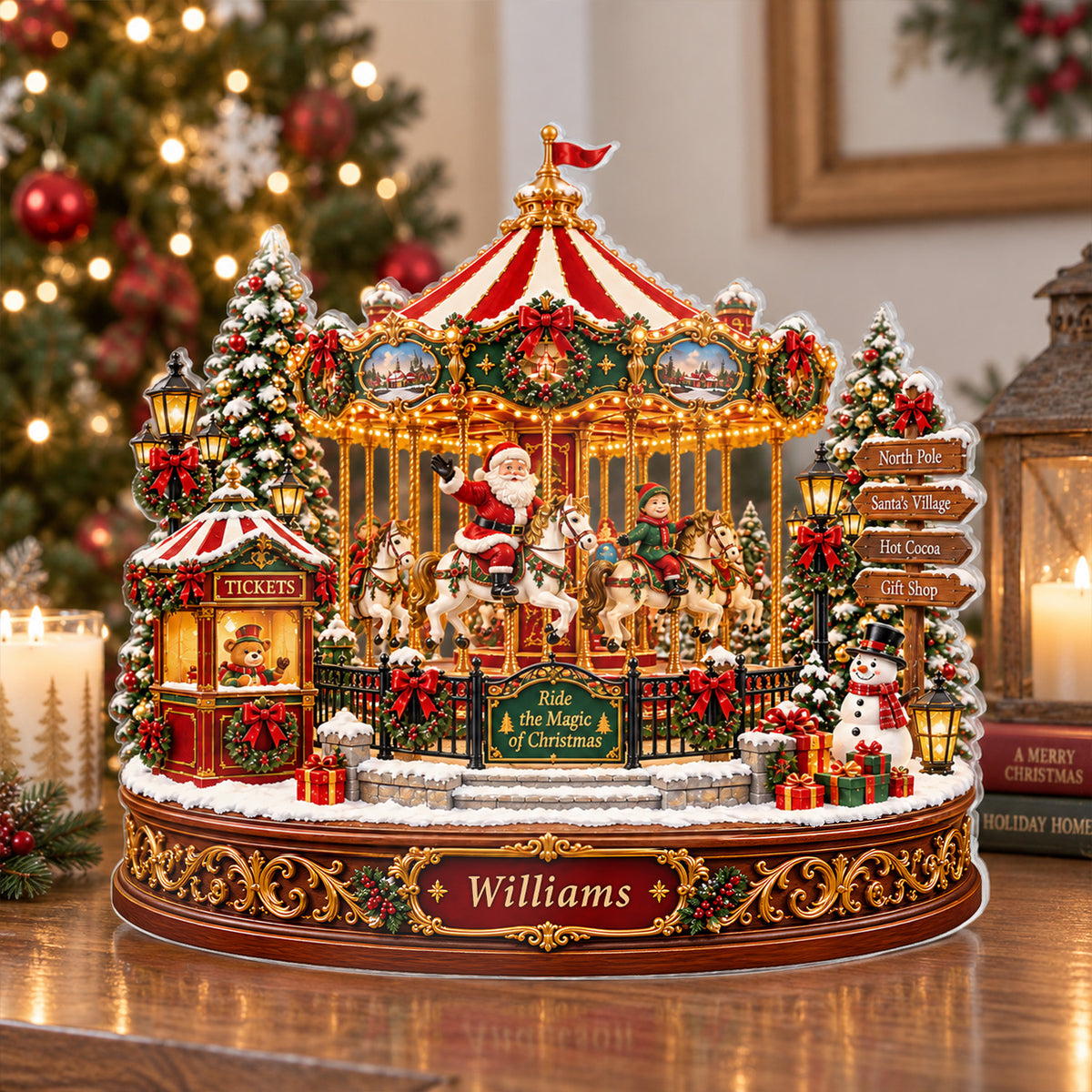 Christmas Carousel Village - Personalized Acrylic Plaque,  Santa Merry Go Round, North Pole Holiday Carnival, Lighted Winter Tabletop Display, Festive Xmas Gift