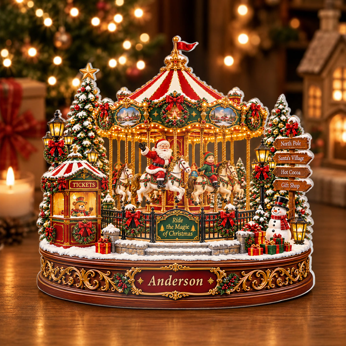 Christmas Carousel Village - Personalized Acrylic Plaque,  Santa Merry Go Round, North Pole Holiday Carnival, Lighted Winter Tabletop Display, Festive Xmas Gift