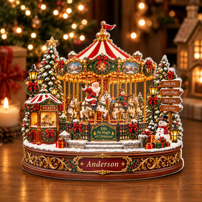 Christmas Carousel Village - Personalized Acrylic Plaque,  Santa Merry Go Round, North Pole Holiday Carnival, Lighted Winter Tabletop Display, Festive Xmas Gift