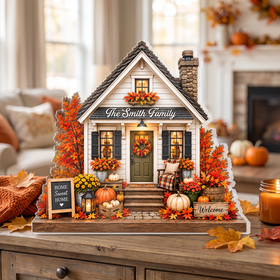 Cozy Autumn House - Personalized Acrylic Plaque, Custom Name Autumn Family Decor