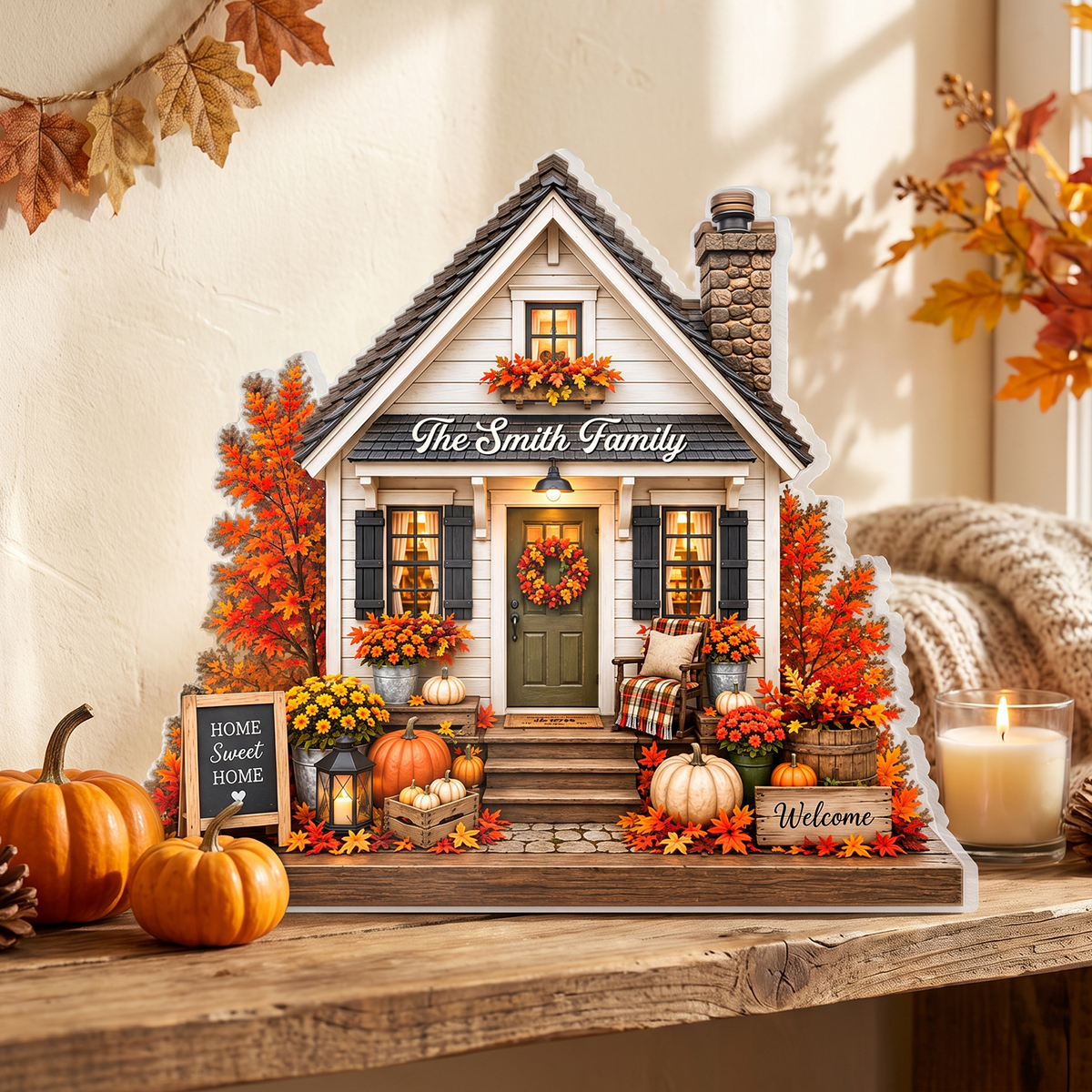 Cozy Autumn House - Personalized Acrylic Plaque, Custom Name Autumn Family Decor