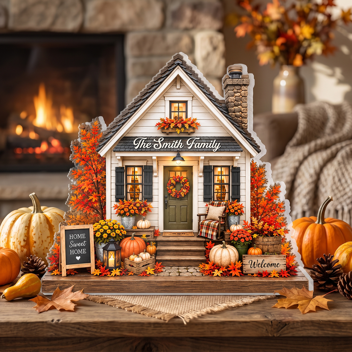 Cozy Autumn House - Personalized Acrylic Plaque, Custom Name Autumn Family Decor