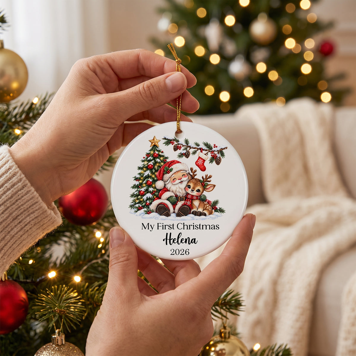 Santa Reindeer My First Christmas  -  Personalized Ceramic Ornament, Baby Girl Baby Boy First Christmas Gift, Baby Shower Gift