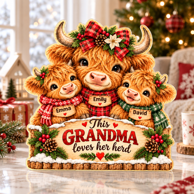 Grandma Loves Her Herd Highland Cow Decoration, Custom Acrylic Plaque, Cute Cow Family Tabletop Sign, Christmas Gift for Grandma