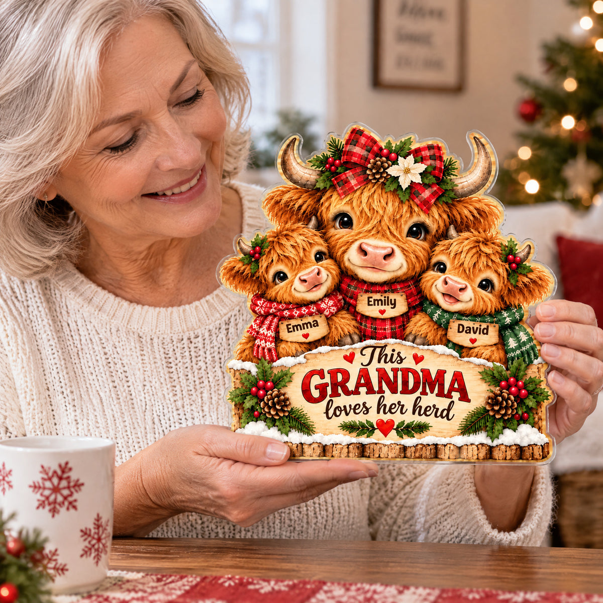 Custom Highland Cow Acrylic Plaque held in both hands by a smiling woman beside a snowflake mug