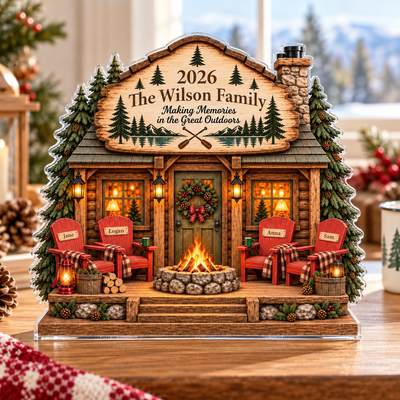 Personalized Family Cabin Acrylic Plaque with four red chairs and a fire pit on a wooden table by a window