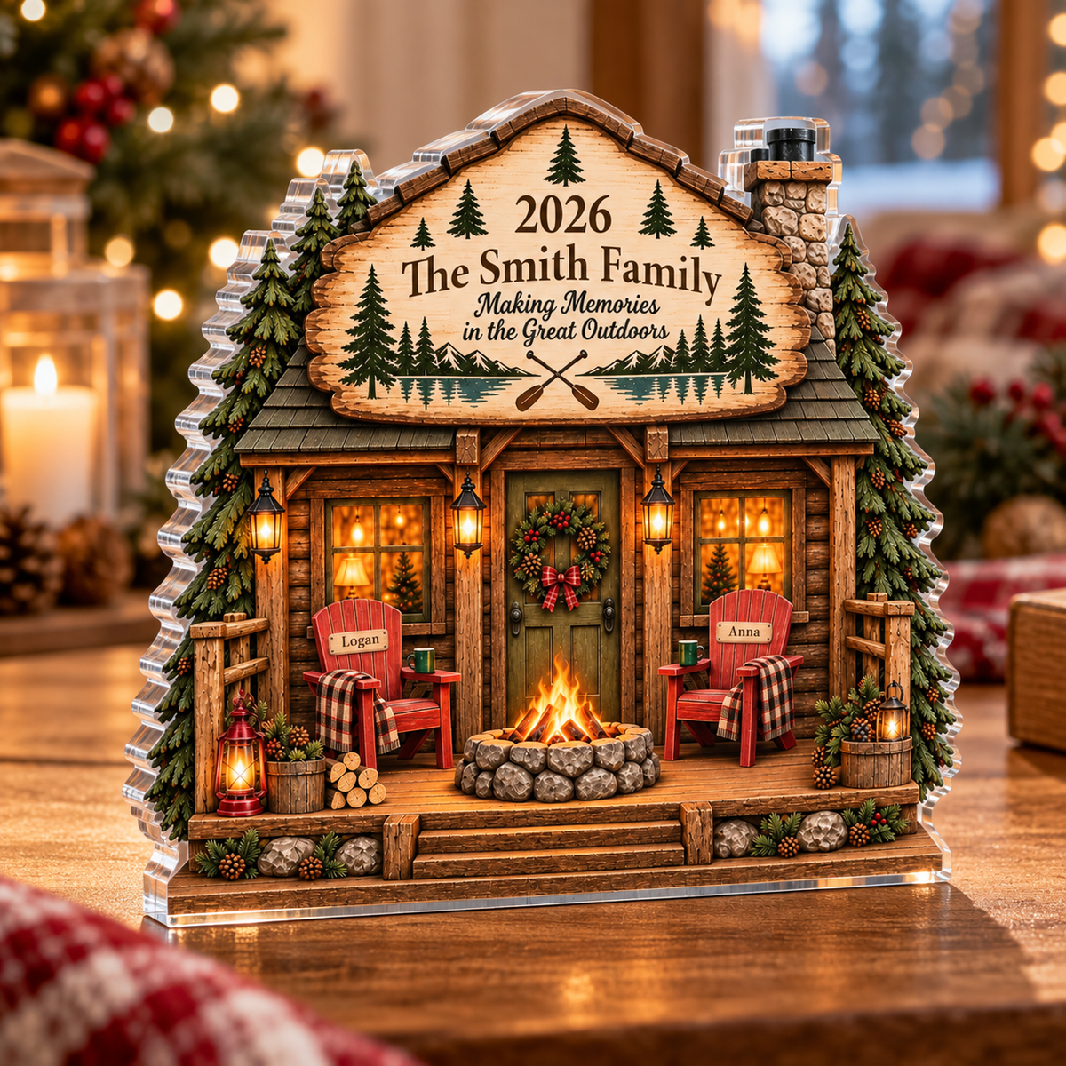 Personalized Family Cabin Acrylic Plaque showing two red chairs and a campfire beside a glowing candle lantern