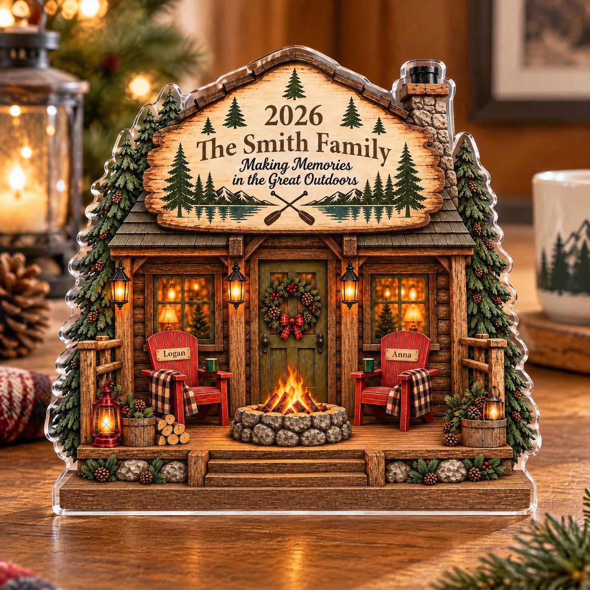 Personalized Family Cabin Acrylic Plaque with a wreath on the door, two chairs and a fire pit, mug nearby