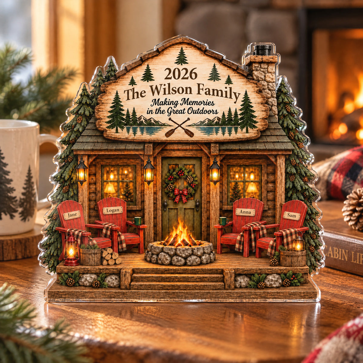 Personalized Family Cabin Acrylic Plaque with four chairs and a fire pit in front of a fireplace and a mug