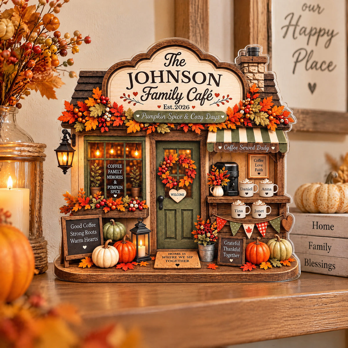 Autumn Family Cafe - Personalized Acrylic Plaque, Thanksgiving Family Gift, Fall Home Decor
