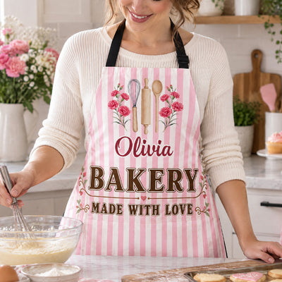 Bakery Made With Love - Personalized Apron, Custom Name Striped Floral Baking Utensils Apron