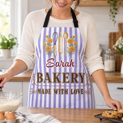 Bakery Made With Love - Personalized Apron, Custom Name Striped Floral Baking Utensils Apron