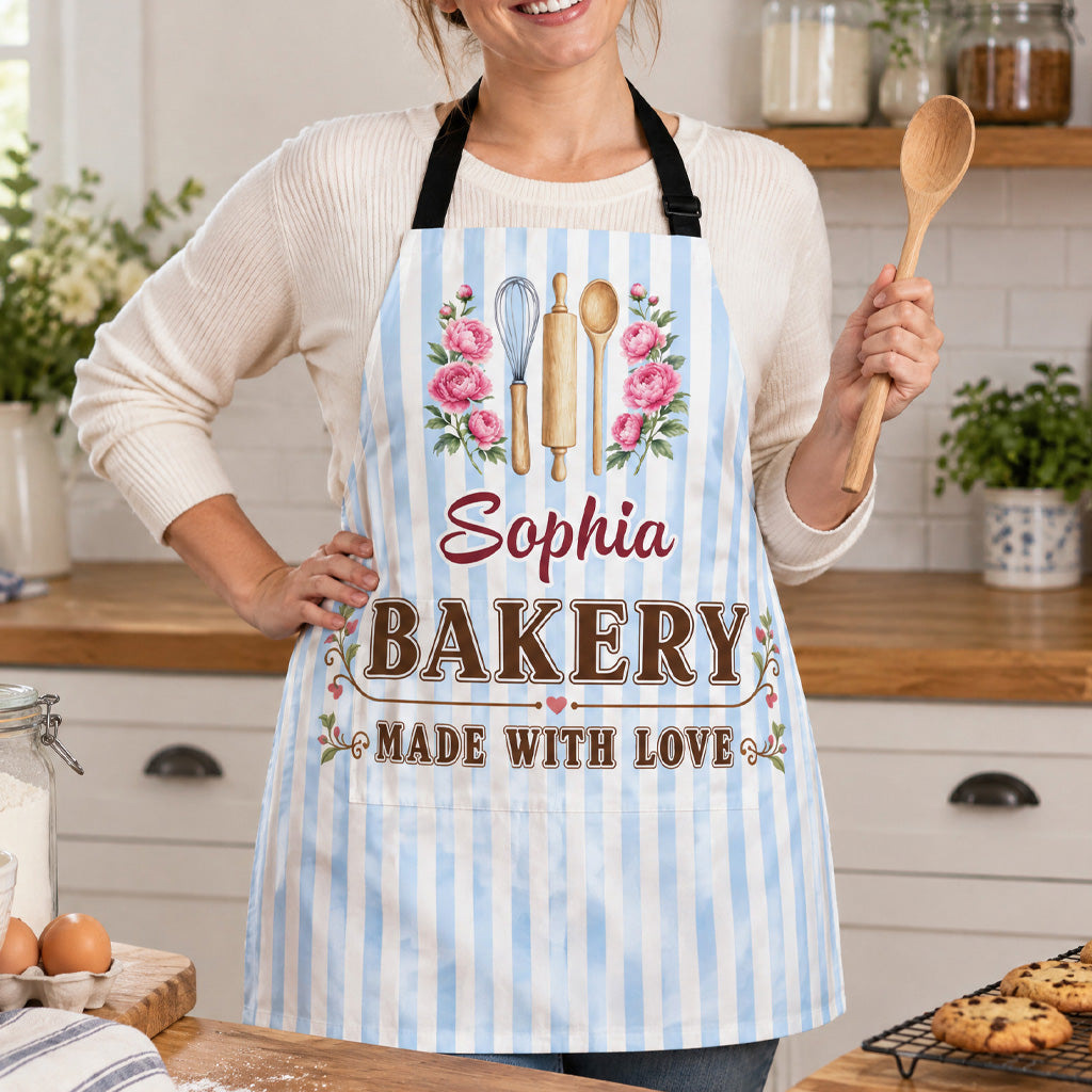 Bakery Made With Love - Personalized Apron, Custom Name Striped Floral Baking Utensils Apron